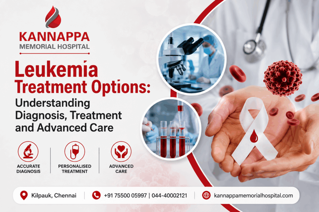 Kannappa Memorial Hospital graphic about leukemia treatment options, covering diagnosis, personalised treatment, and advanced care.