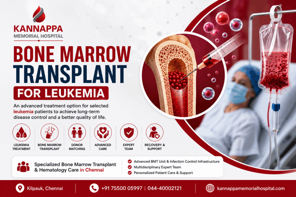 Kannappa Memorial Hospital graphic about bone marrow transplant for selected leukemia patients, highlighting donor matching, advanced BMT care, recovery and support in Chennai.
